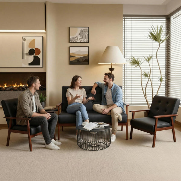 Mid-Century Modern Loveseat Sofa – Faux Leather, 2-Seat