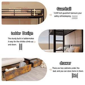 Triple Bunk Bed with Charging Station & LED Lights — Metal, Storage Drawers, Convertible