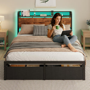 Queen Bed Frame with Storage Headboard, LED Lights & 2 Drawers