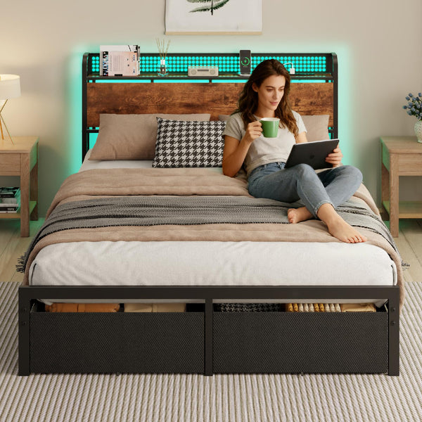 Queen Bed Frame with Storage Headboard, LED Lights & 2 Drawers