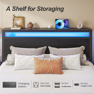 Queen Bed Frame with Storage Headboard, LED Lights & Charging Station