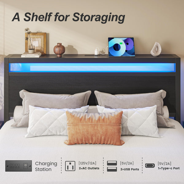 Queen Bed Frame with Storage Headboard, LED Lights & Charging Station