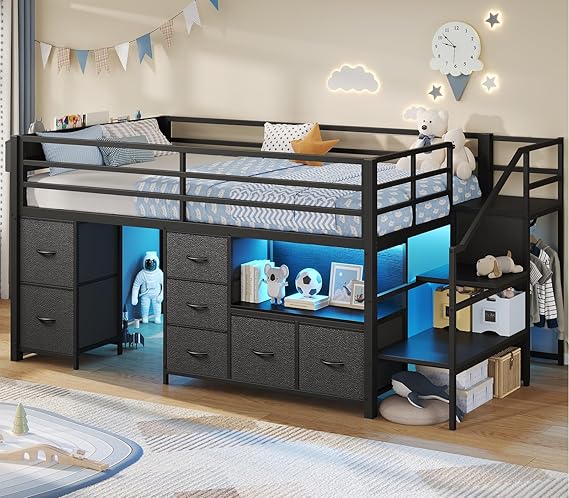 Twin Low Loft Bed with 7 Storage Drawers, LED Lights & Under-Bed Play Space