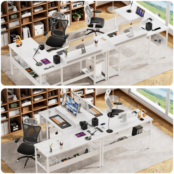 L-Shaped Computer Desk with Power Outlets & Monitor Stand