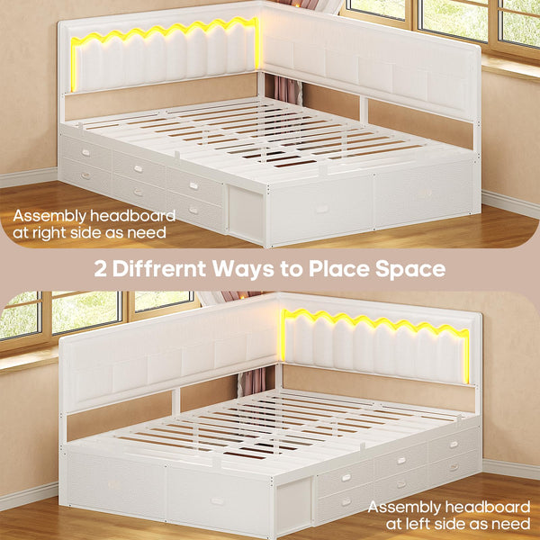 Full Corner Bed Frame with Storage Drawers, RGB Lights & L-Shaped Guardrail