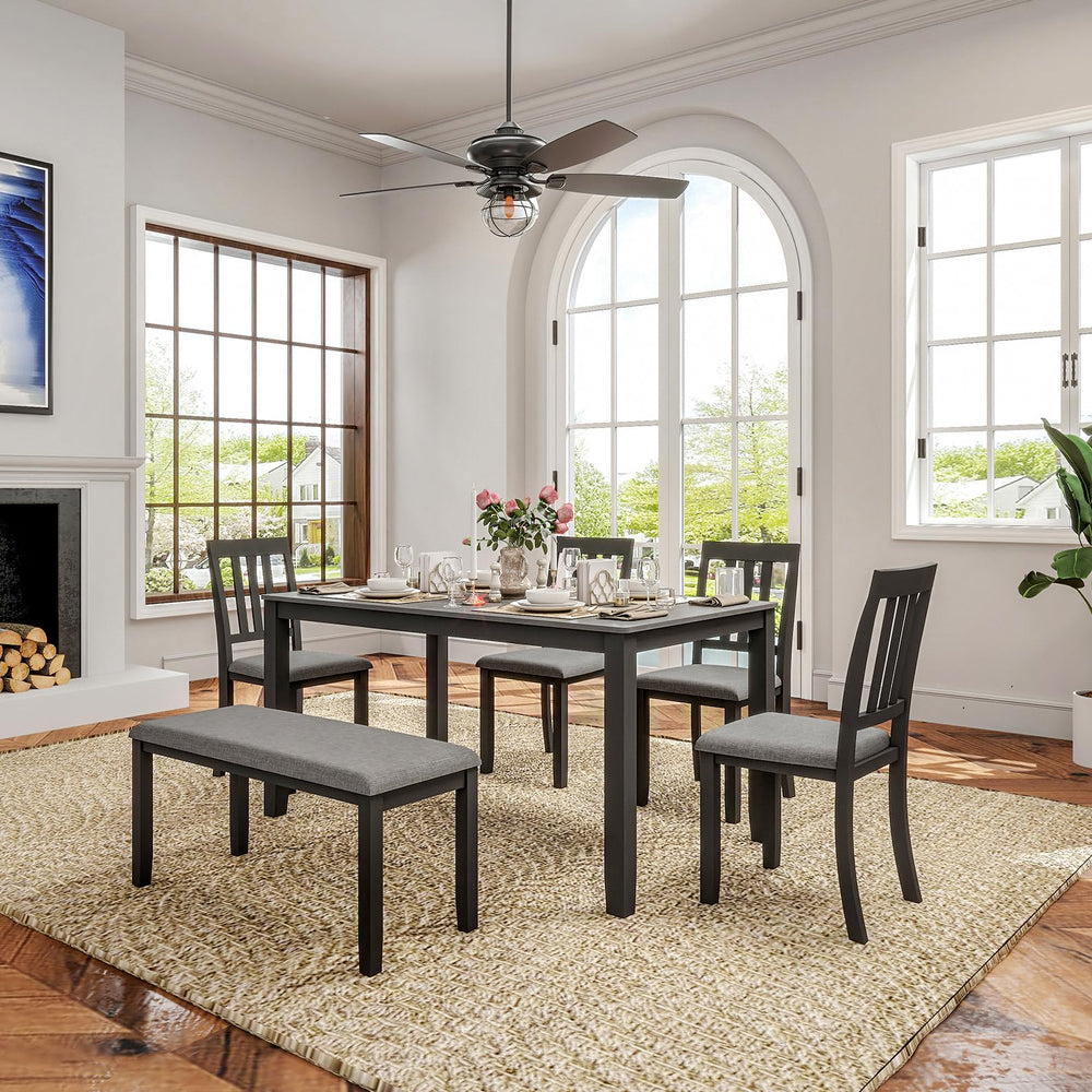 6-Piece Farmhouse Dining Table Set with Bench – 59" Rectangle Table, Upholstered Chairs, Black