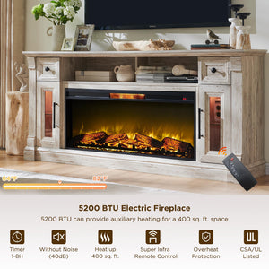Farmhouse Fireplace TV Stand with 42" Electric Fireplace – 70" Wide, Fits TVs Up to 80"