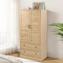 Armoire Wardrobe Closet with Woven Doors, Drawers & Hanging Rail