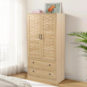 Armoire Wardrobe Closet with Woven Doors, Drawers & Hanging Rail