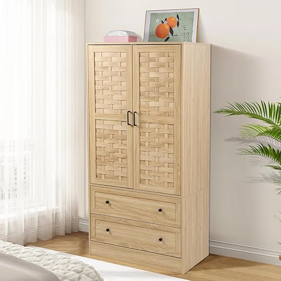 Armoire Wardrobe Closet with Woven Doors, Drawers & Hanging Rail