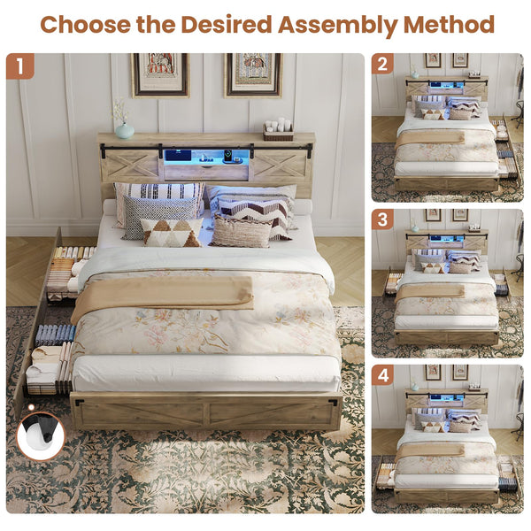 Farmhouse Bed Frame with Storage Headboard, LED Lights & Charging Station