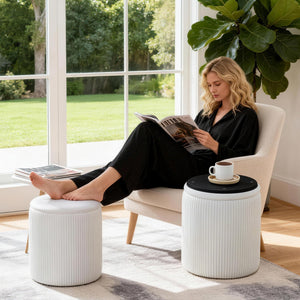 Set of 2 Round Velvet Storage Ottomans with Lid – Stackable Footstool Pouf Set