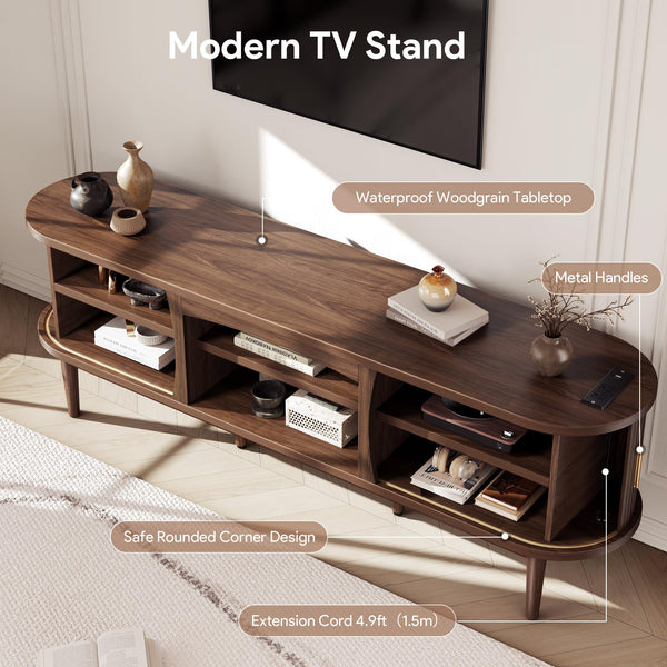 Mid-Century TV Stand with Power Outlets & Fluted Sliding Doors