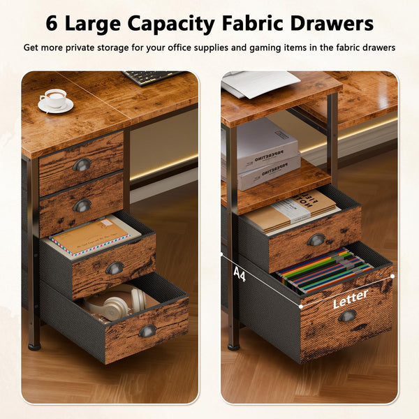 Reversible L-Shaped Gaming Desk with 6 Drawers, Monitor Stand & Power Outlets