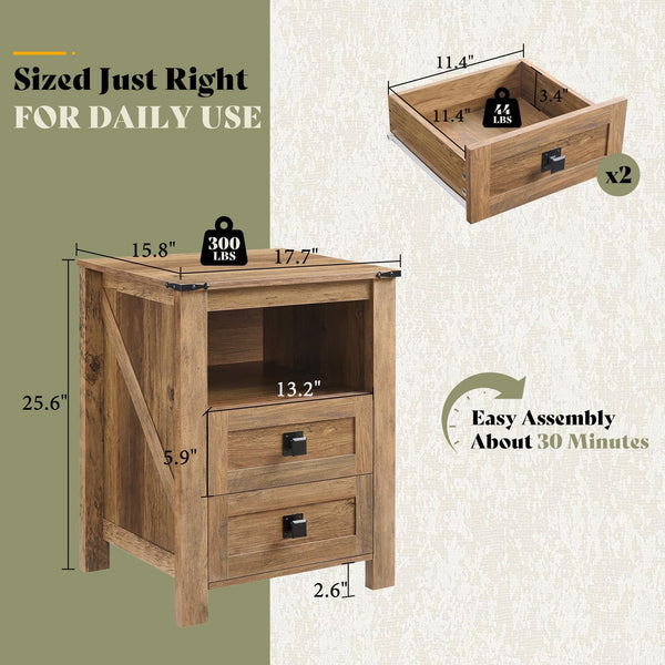 Farmhouse Nightstand Set of 2 with Drawer & Open Shelf