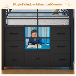 Kids Low Loft Bed Twin with Stairs, LED Lights & Storage