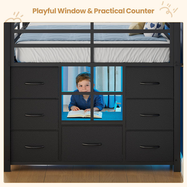 Kids Low Loft Bed Twin with Stairs, LED Lights & Storage