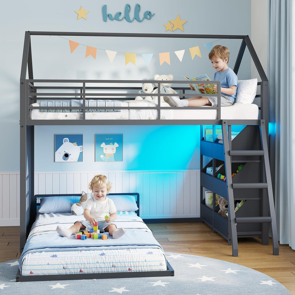 L-Shaped Twin Over Twin Bunk Bed with Storage Bins & LED Lights