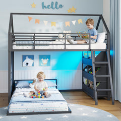 L-Shaped Twin Over Twin Bunk Bed with Storage Bins & LED Lights