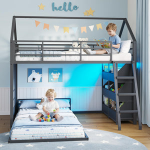 L-Shaped Twin Over Twin Bunk Bed with Storage Bins & LED Lights