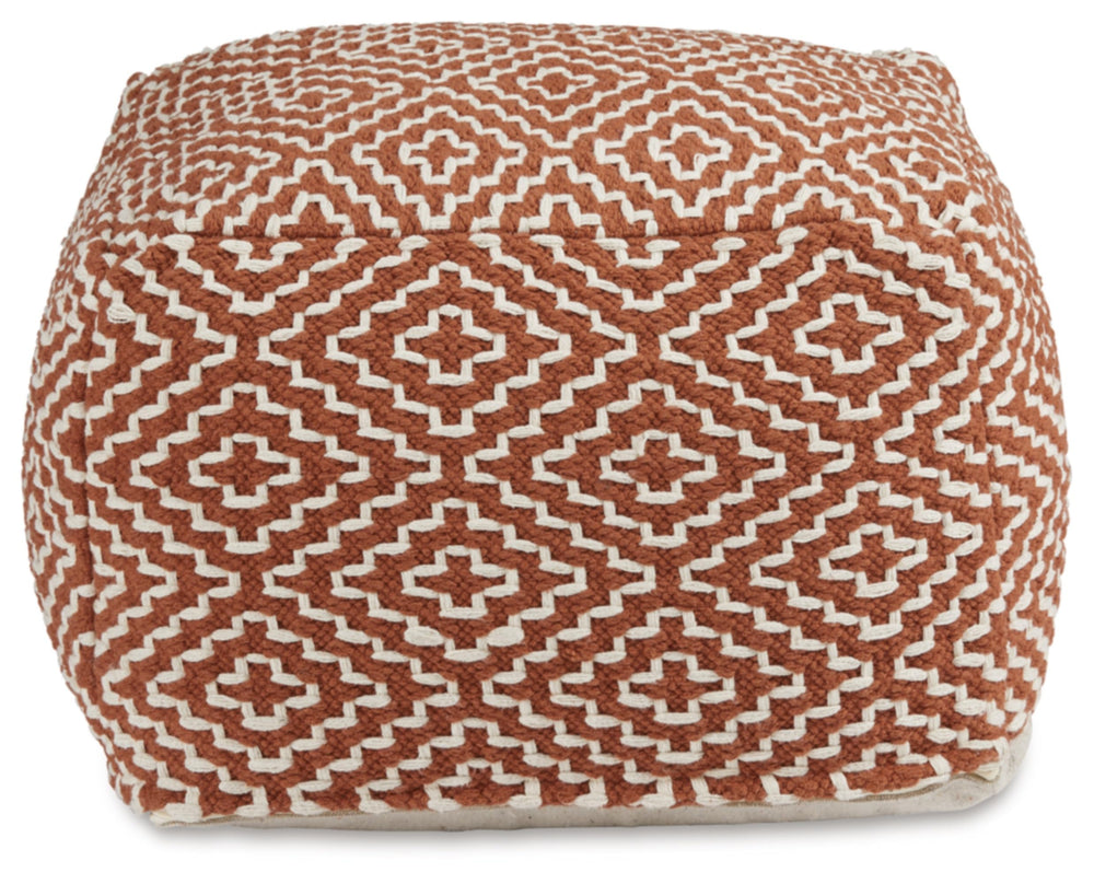 Handwoven Geometric Pouf Ottoman – Orange & White