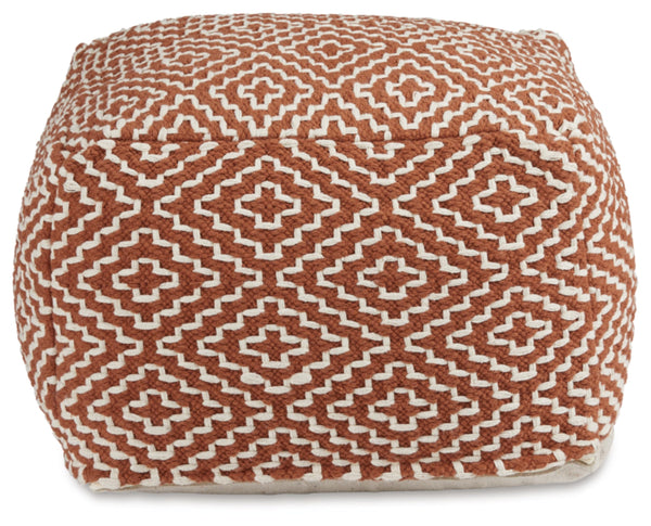 Handwoven Geometric Pouf Ottoman – Orange & White