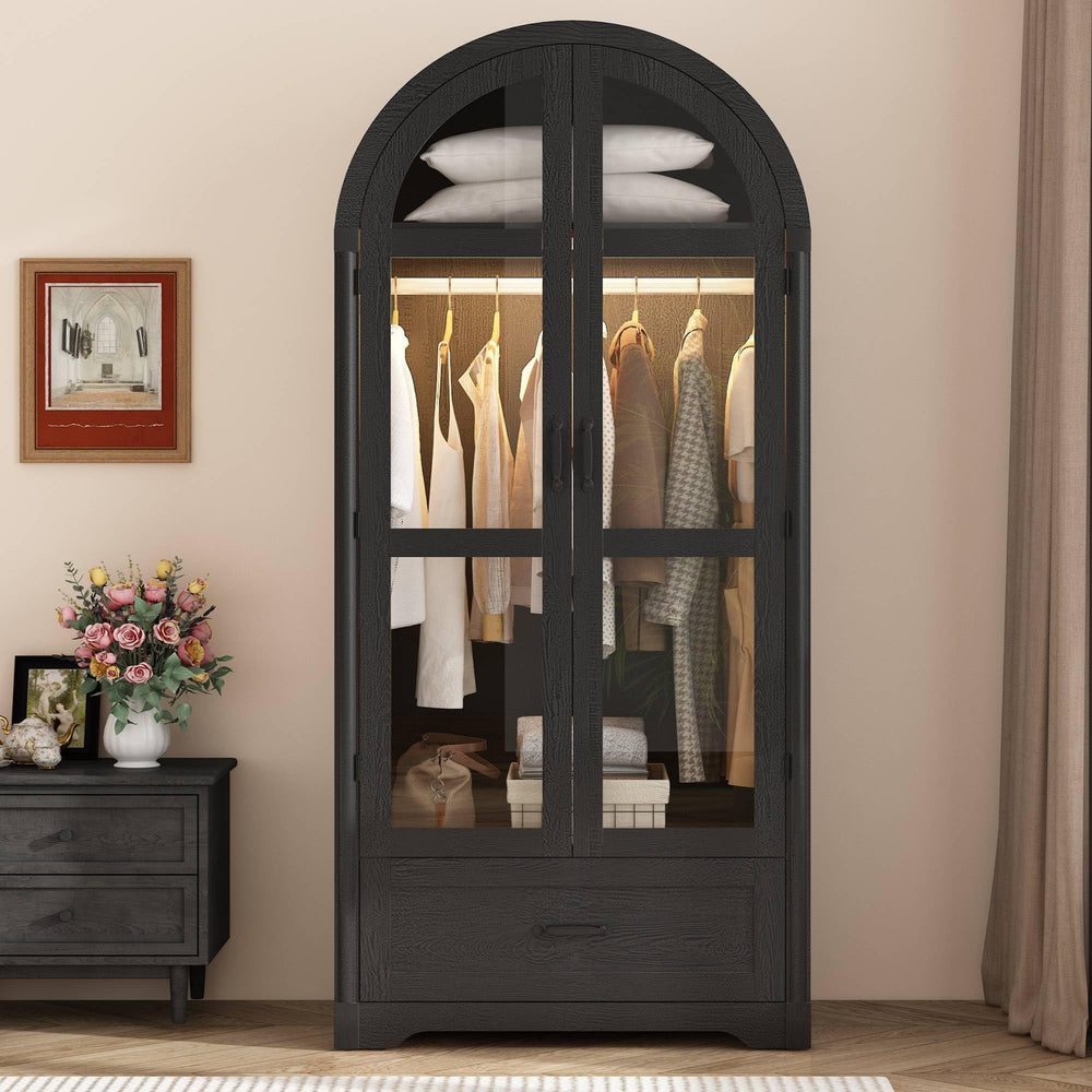 2-Door Arched Armoire Wardrobe with LED Light & Drawers