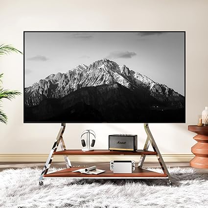 Heavy Duty Mobile TV Stand Rolling TV Cart with Wheels for 32-85 Inch Flat/Curved Led/LCD/OLED Portable Floor TV Stand with Wooden Shelves, Height Adjustable Holds up to 220lbs,Max VESA 600 x400mm