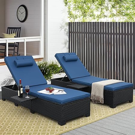 Outdoor Chaise Lounge Chairs Set of 2 – Wicker Recliner with Adjustable Backrest & Cushions