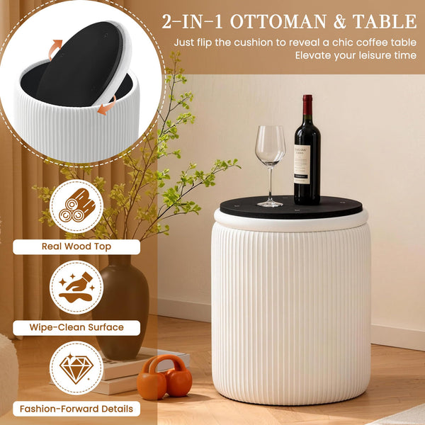 Set of 2 Round Velvet Storage Ottomans with Lid – Stackable Footstool Pouf Set