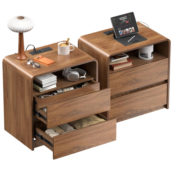 Walnut Nightstand Set of 2 with Hidden Drawers & Charging Station