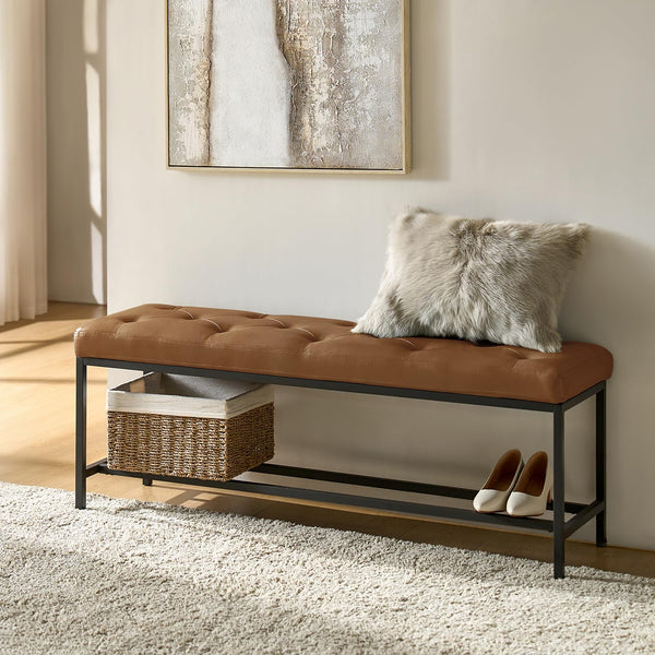 Upholstered Storage Ottoman Bench with Metal Legs – Camel
