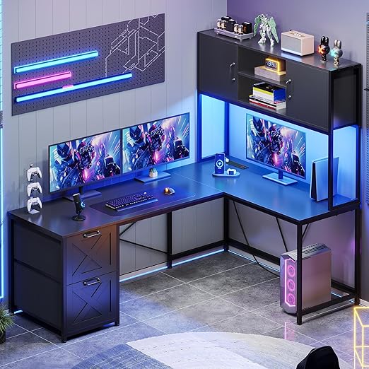 L-Shaped Gaming & Office Desk with LED Lights, Power Outlet, Hutch & Fabric Drawers