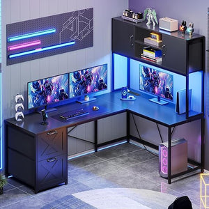 L-Shaped Desk with Drawers, Hutch & LED Lights