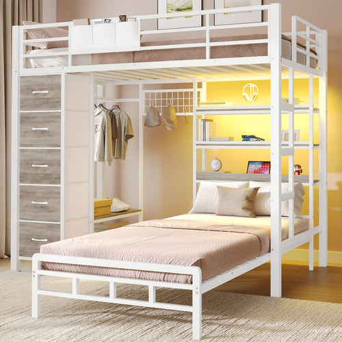 L-Shaped Metal Bunk Bed Twin Over Twin with Storage Drawers, Charging Station & LED Lights