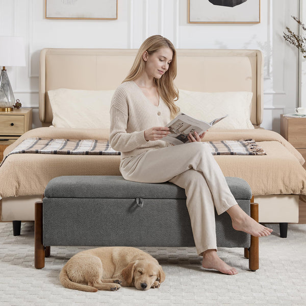 Storage Ottoman Bench with Walnut Legs – 43.7" Upholstered Bedroom Bench
