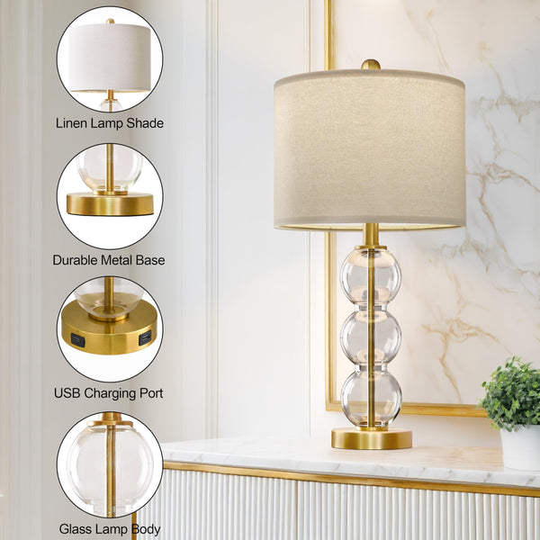 Glass Table Lamps Set of 2 with USB Charging Ports and Linen Shade