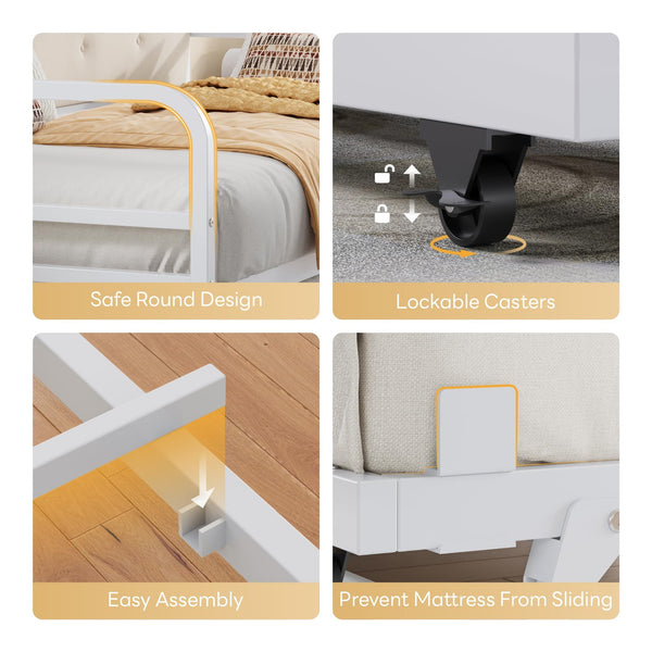 Twin Daybed with Trundle, Upholstered Headboard & Charging Station