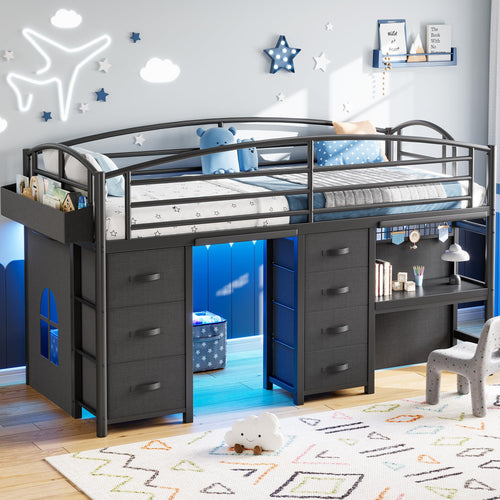 Twin Low Loft Bed with 7 Storage Drawers, Desk & LED Lights