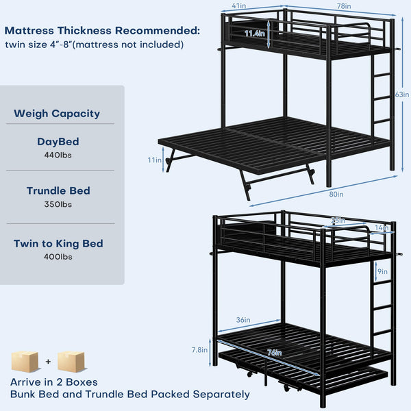 Triple Bunk Bed with Trundle – Twin Over Twin Metal Frame for Kids & Teens