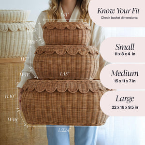 Scalloped Rattan Basket Set of 3 with Lids – Handwoven Nesting Storage Baskets