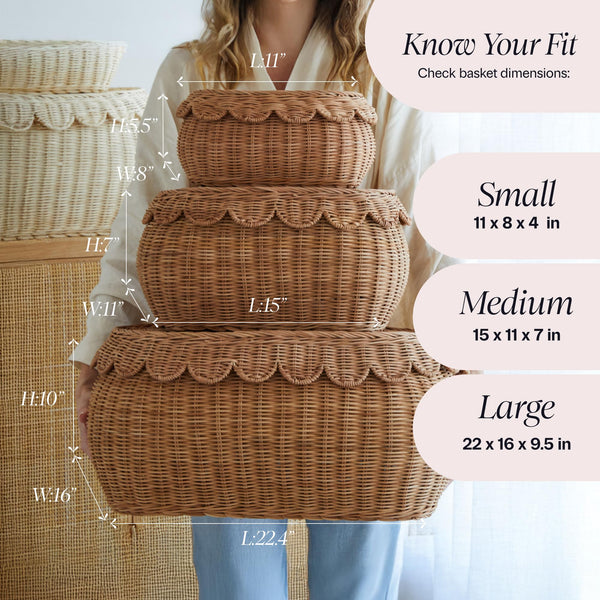 Scalloped Rattan Basket Set of 3 with Lids – Handwoven Nesting Storage Baskets