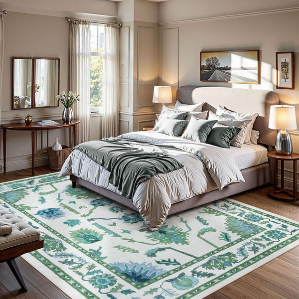 Washable Oushak Area Rug – Floral, Non-Slip, Low Pile