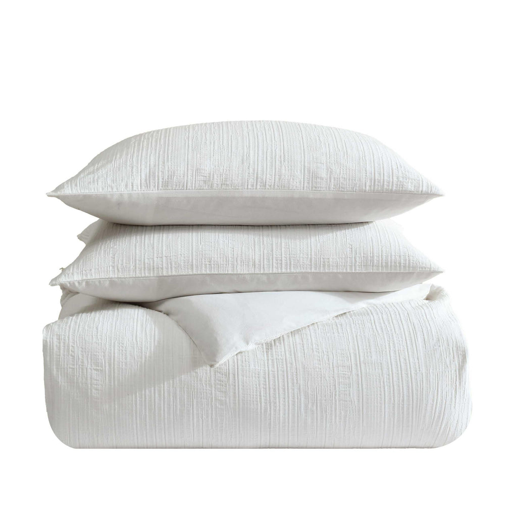 Cotton Comforter Set with Shams – Bark Texture White Grid Pattern