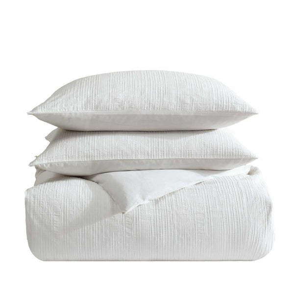 Cotton Comforter Set with Shams – Bark Texture White Grid Pattern