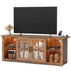 Farmhouse TV Stand 58 Inch with Glass Doors, LED Lights & USB Charging