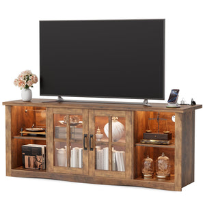 Farmhouse TV Stand 58 Inch with Glass Doors, LED Lights & USB Charging