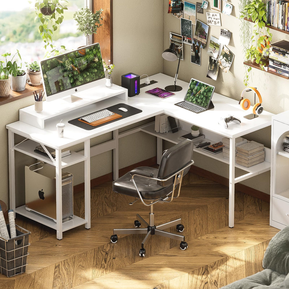 L-Shaped Computer Desk with Power Outlets & Monitor Stand