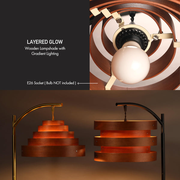 Layered Wood Shade Floor Lamp, Mid-Century Modern, E26, Foot Pedal Switch