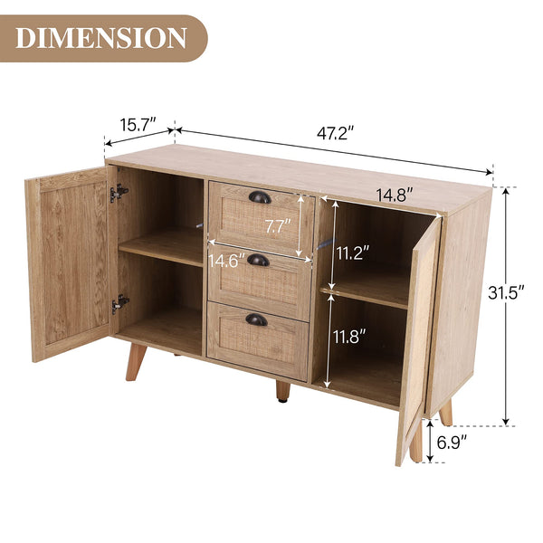 Rattan Sideboard Buffet Cabinet with Doors and Drawers
